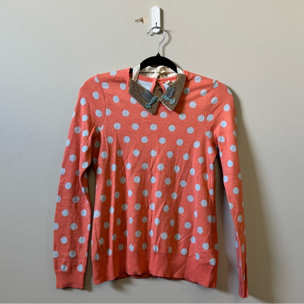 MOTH Anthropologie polka dot silk blend blue bird beaded fuzzy collar sweater